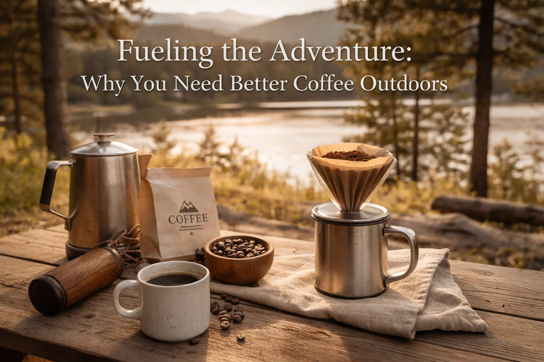 An adventurer sitting by a campfire at dawn, holding an enamel mug with a scenic mountain range in the background.