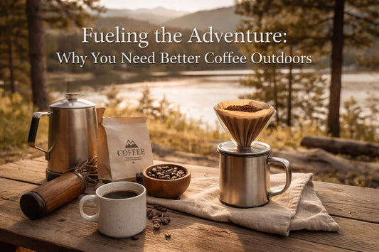 An adventurer sitting by a campfire at dawn, holding an enamel mug with a scenic mountain range in the background.