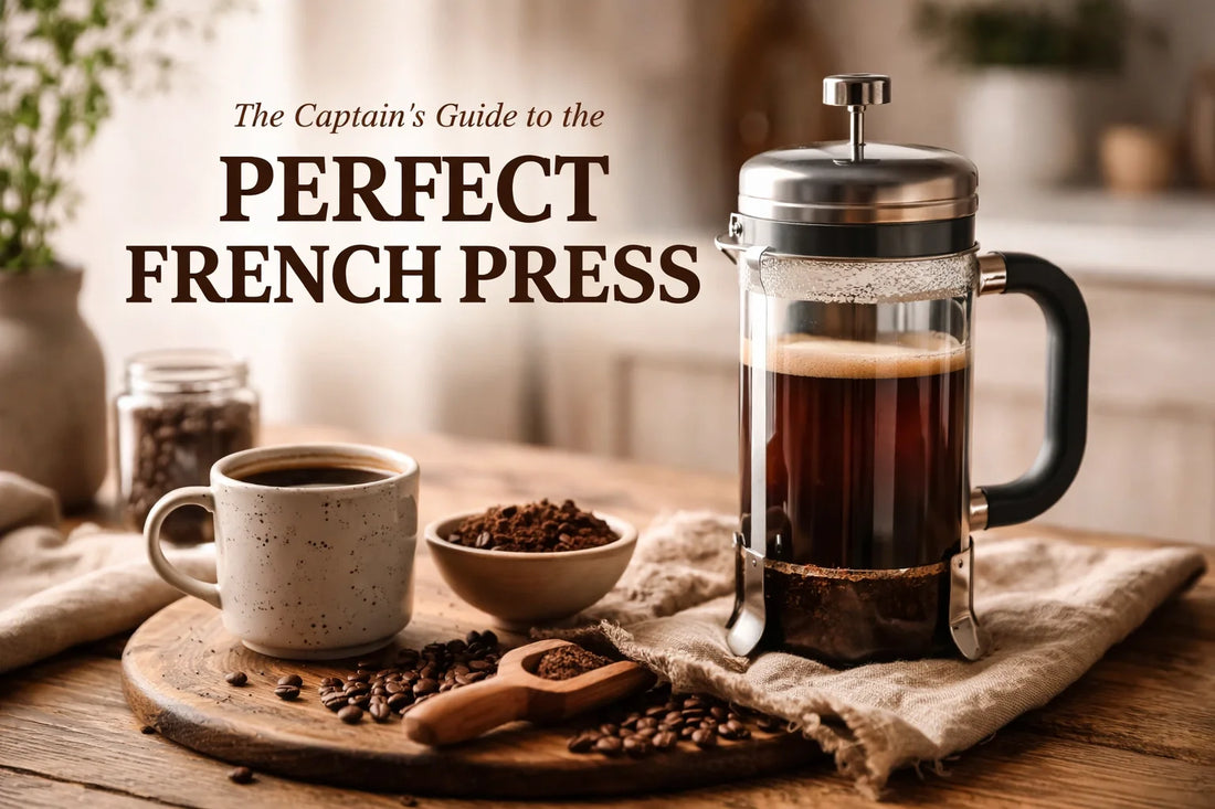A rustic wooden table with a stainless steel French Press and a bag of Privateer Coffee Co small-batch beans.