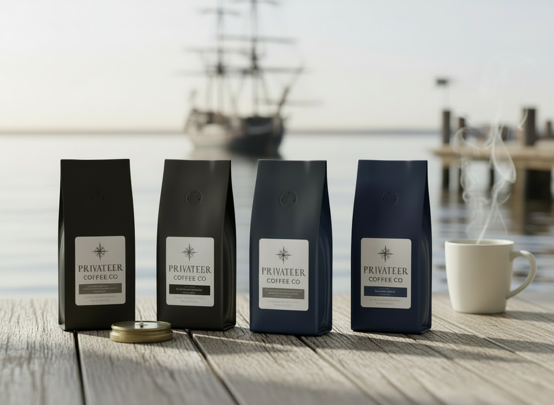 Privateer Coffee Co. launch day coffee and tea lineup on a wooden table with a mug.