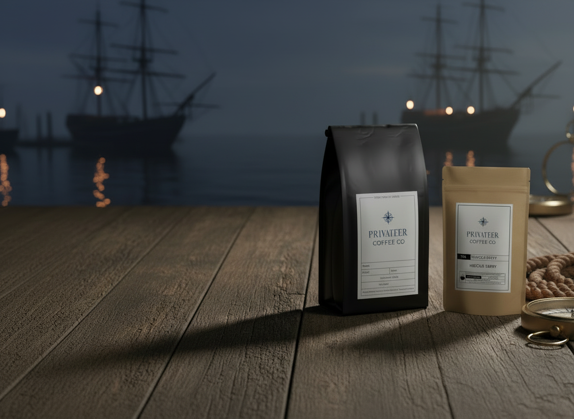 The Privateer Coffee Co premium coffee bag and tea pouch on a weathered harbor dock with privateer ships in the background, moody navy lighting and left-side negative space for text.